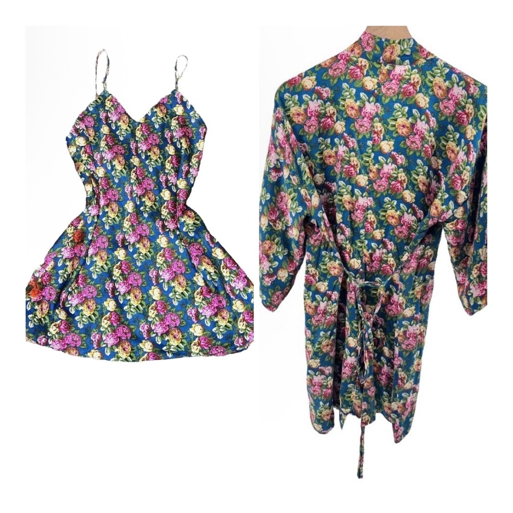 Victoria's Secret Vintage Robe‎ Slip Set Women Small Blue Floral Silk Gold Label